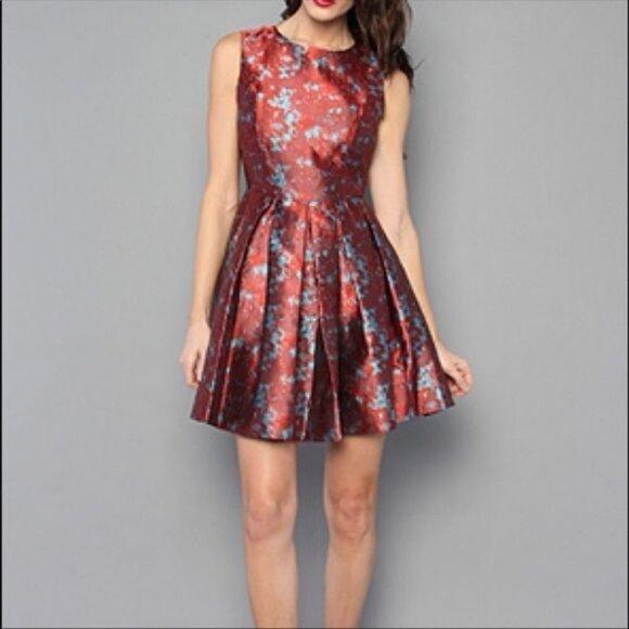 BB Dakota Cocktail Dress Box Pleated Red Brocade Abstract Fit+Flare Size 2 - Picture 12 of 14
